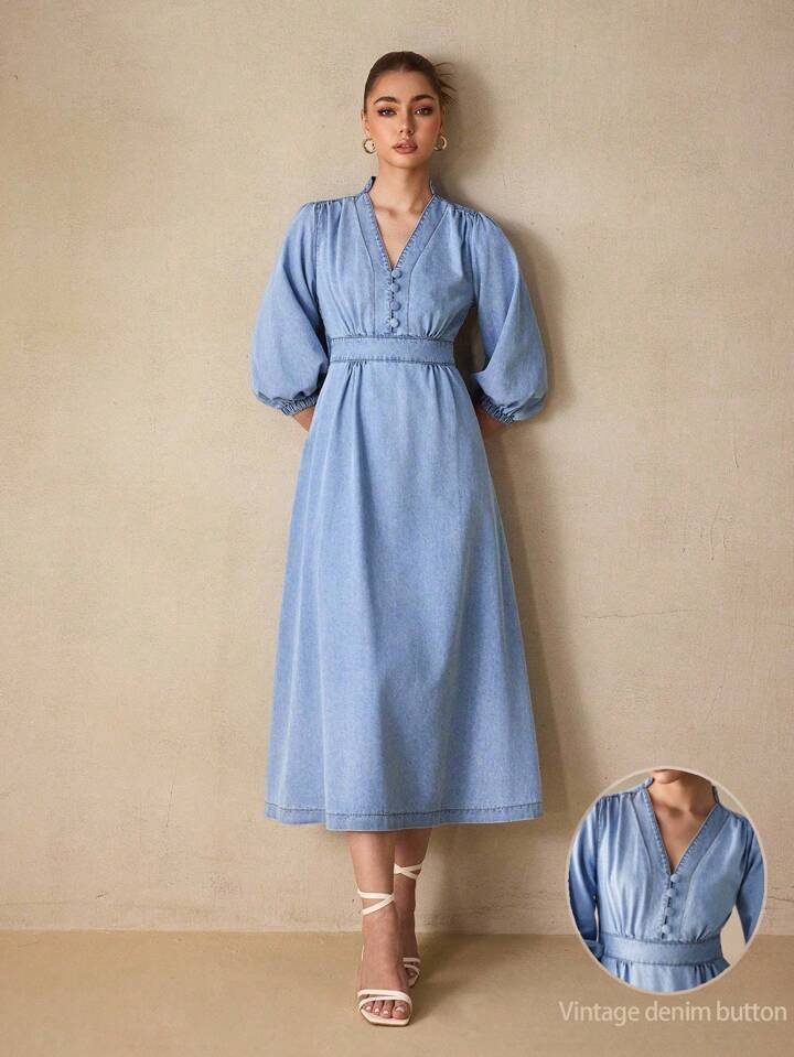 CM-DS367700 Women Elegant Seoul Style Deep V-Neck Lantern Sleeve Midi Denim Dress - Blue