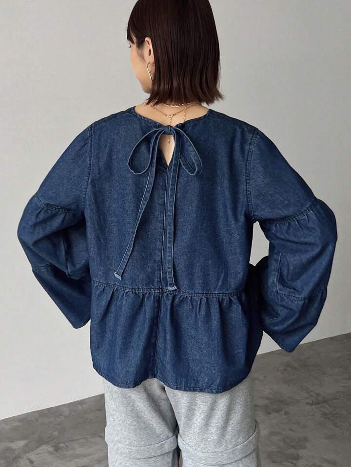 CM-TS499637 Women Casual Seoul Style Solid Color Ruffled Hem Crew Neck Denim Pleated Blouse - Blue