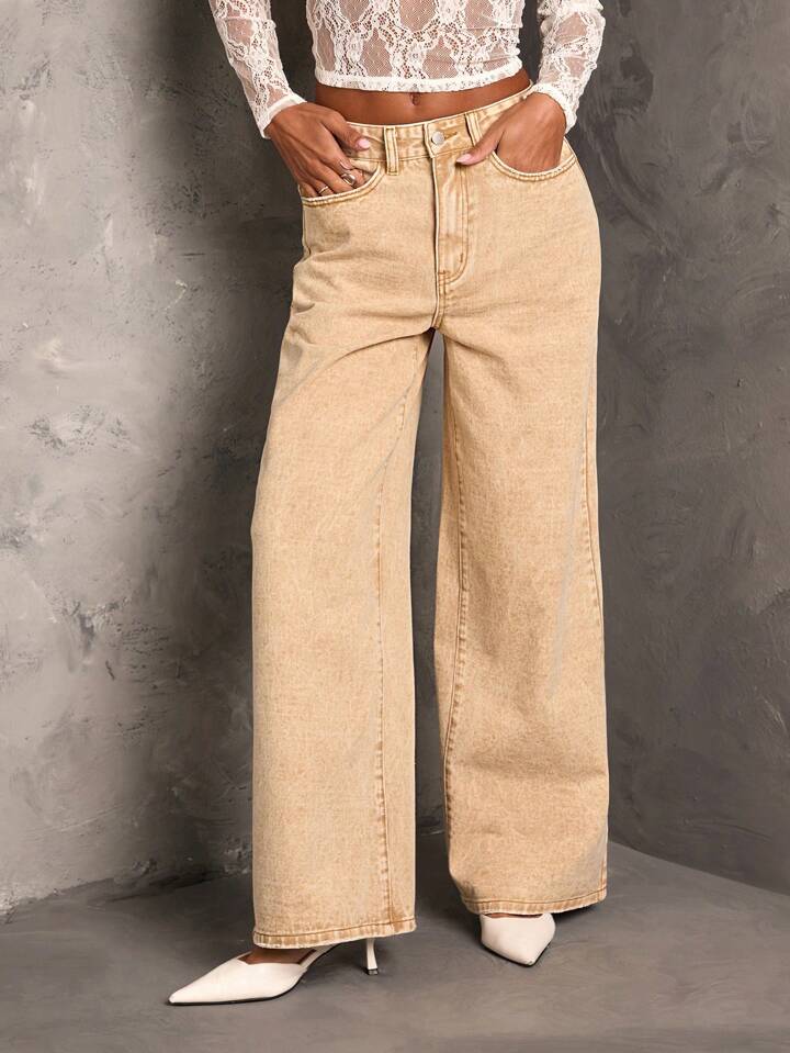 CM-BS594284 Women Casual Seouol Style Extra Long Loose Wide Leg Denim Jeans - Khaki