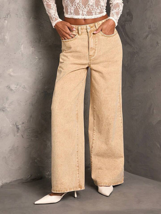 CM-BS594284 Women Casual Seouol Style Extra Long Loose Wide Leg Denim Jeans - Khaki