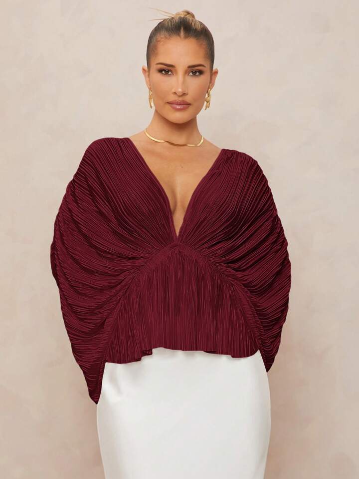 CM-TS272263 Women Elegant Seoul Style Deep V-Neck Long Sleeve Loose Fit Ruffled Hem  Oversized Blouse - Burgundy