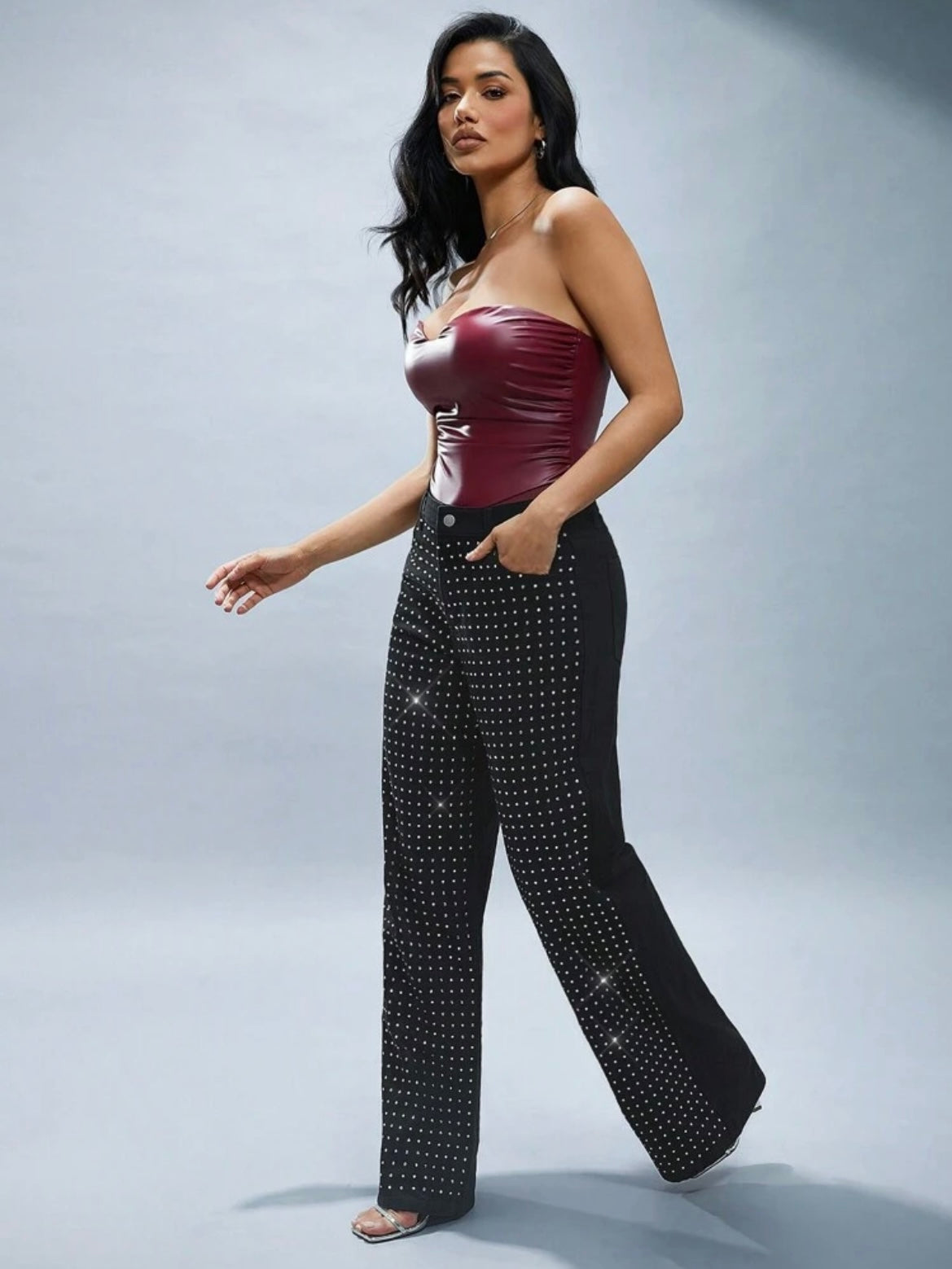 CM-BS551884 Women Casual Seoul Style Relaxed Fit Rhinestone Wide Leg Jeans - Black