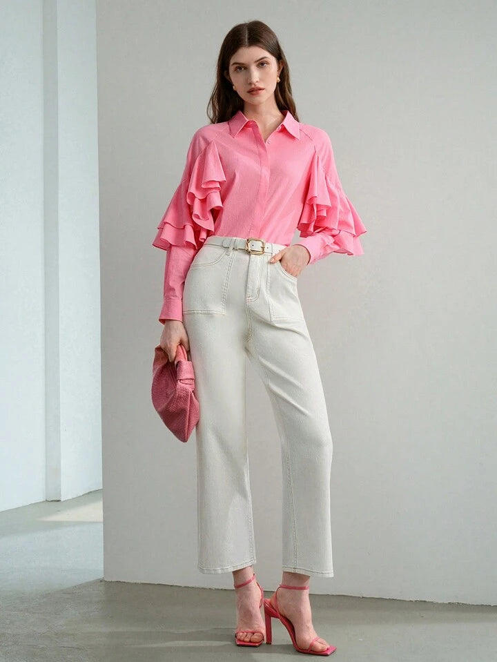CM-BS422910 Women Casual Seoul Style Solid Slant Pocket Straight Leg Jeans - White