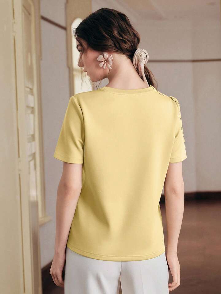 CM-TS332464 Women Elegant Seoul Style Round Neck Short Sleeve Lace Patchwork 3D Embroidered Floral Knit T-Shirt - Yellow