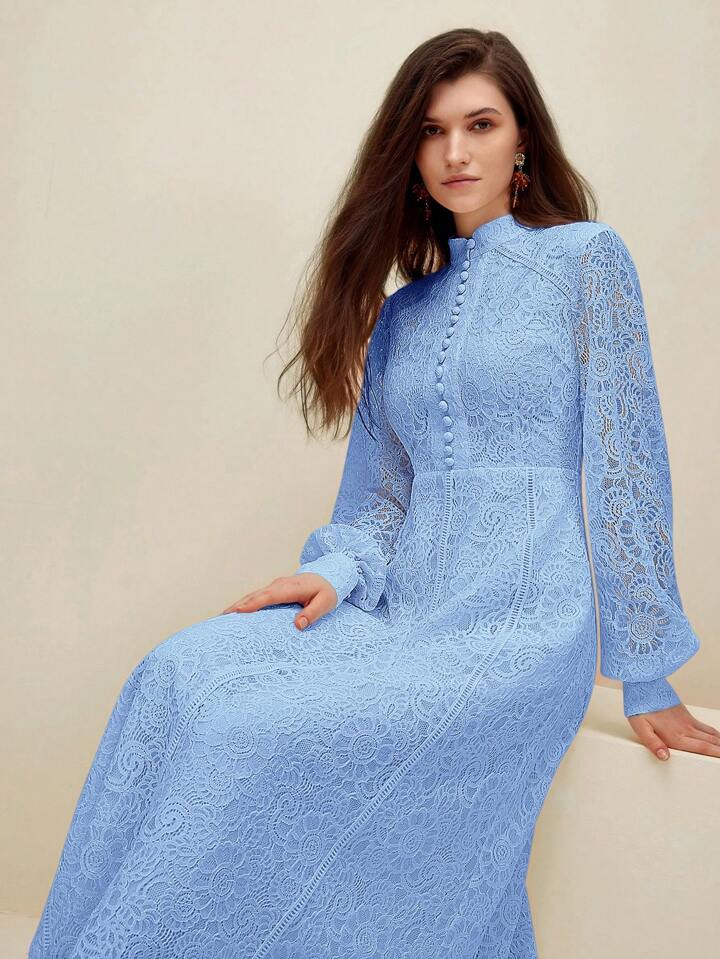 CM-DS730692 Women Elegant Seoul Style Lace Mandarin Collar Long Sleeve A-Line Dress - Baby Blue