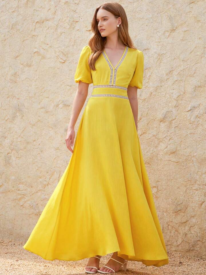 CM-DS142917 Women Elegant Seoul Style Knot V-Neck Patchwork Ruffle Trim Short Sleeve Dress - Yellow