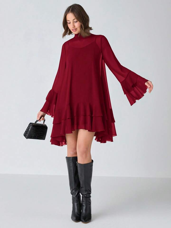 CM-DS336996 Women Elegant Seoul Style Solid Stand Collar Long Sleeve High Waist A-Line Dress - Burgundy
