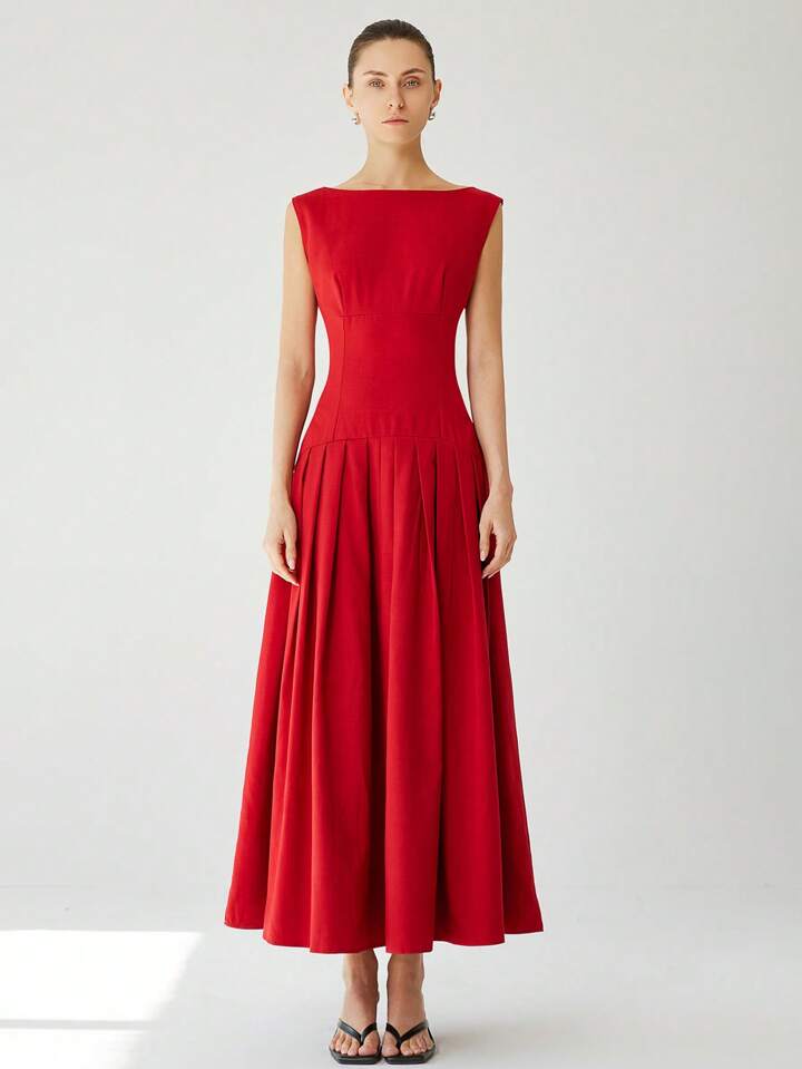 CM-DS552576 Women Elegant Seoul Style Sleeveless Cinched Waist Low Waist Pleated Ruffle Hem Long Dress - Red