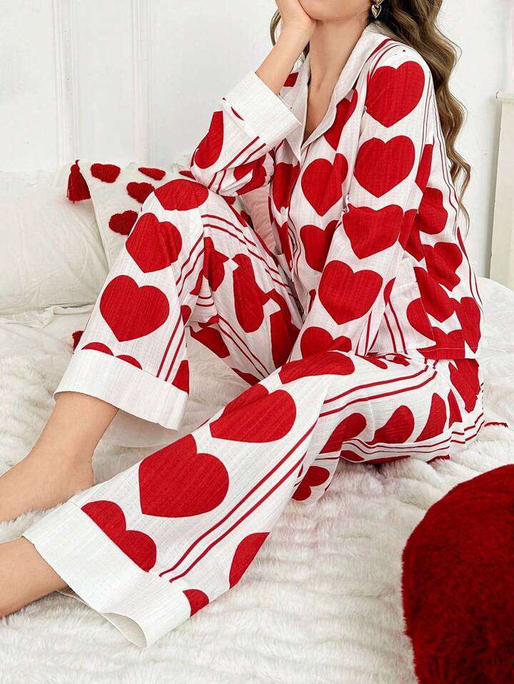CM-LS406663 Women Trendy Seoul Style Heart Print Contrast Color Lapel Pocket Long Sleeve Pajamas Set