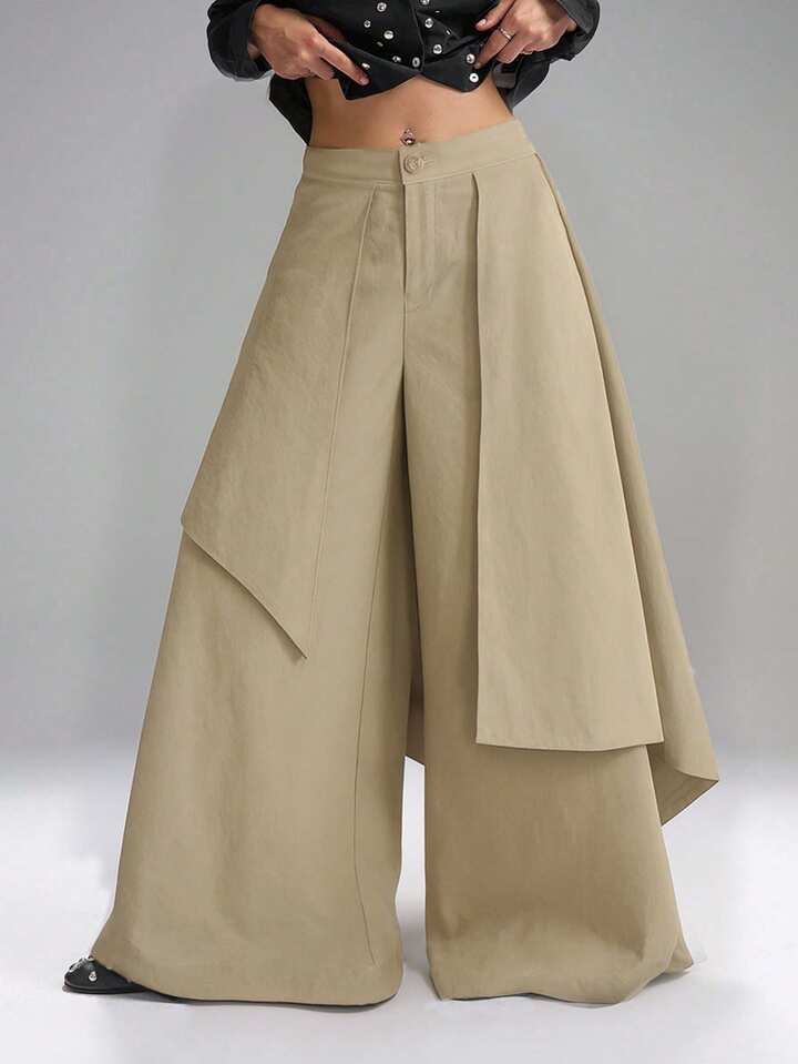 CM-BS133321 Women Casual Seoul Style Mid Waist Solid Color Loose Fit Wide Leg Pants - Khaki