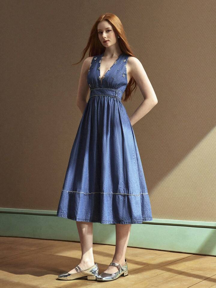 CM-DS211413 Women Casual Seoul Style Deep V-Neck Spaghetti Strap High Waist Denim Dress - Blue