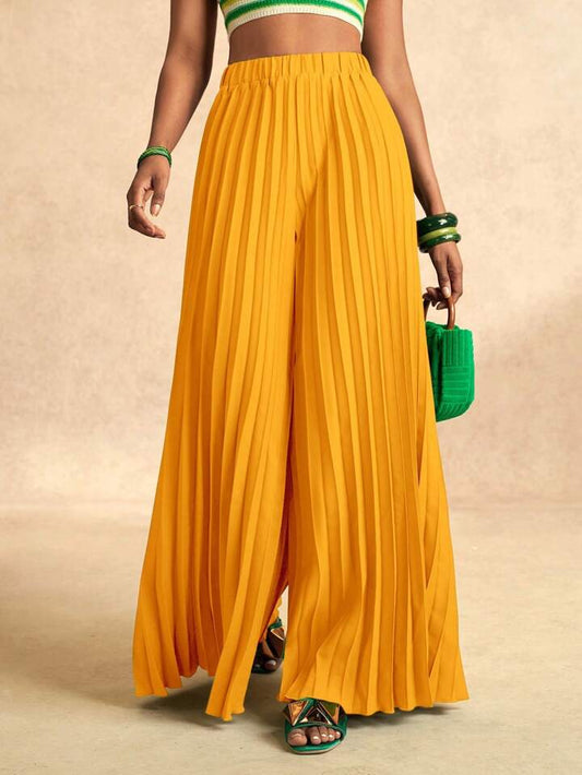 CM-BS894731 Women Elegant Seoul Style Elastic Waist Pleated Extra-Long Wide-Leg Pants - Yellow