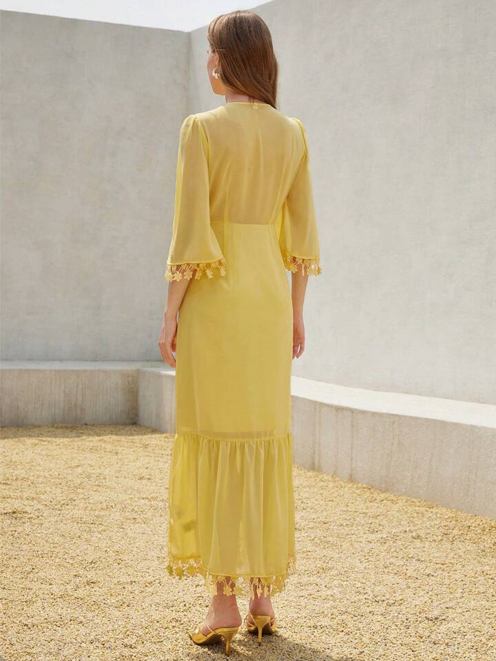CM-DS080130 Women Elegant Seoul Style Deep V-Neck Floral Lace Trim 3/4 Sleeve Button Design A-Line Dress - Yellow