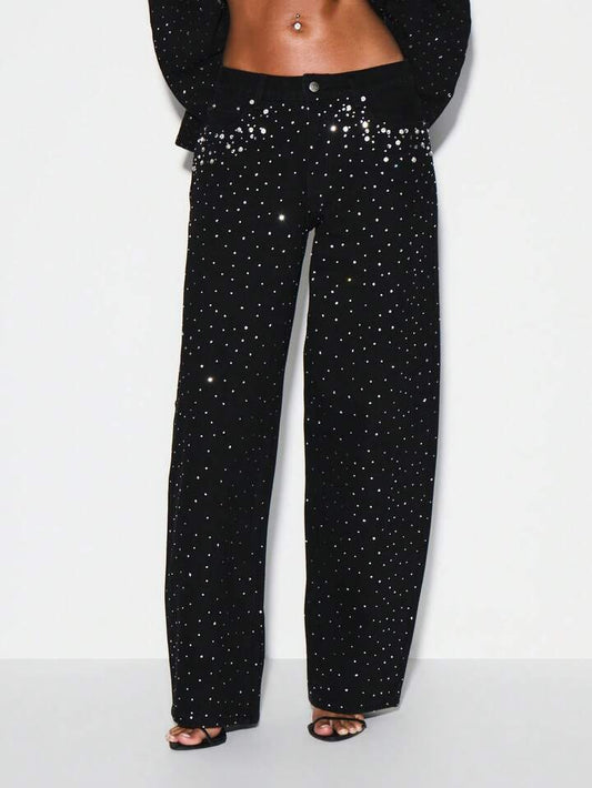 CM-BS147229 Women Casual Seoul Style Baggy High Rise Wide Leg Embellished Rhinestone Details Jeans - Black