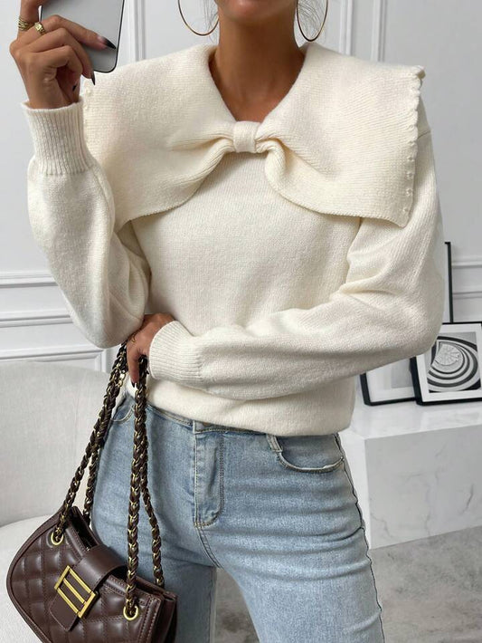 CM-CS575335 Women Casual Seoul Style Statement Collar Bow Front Long Sleeve Sweater - Apricot