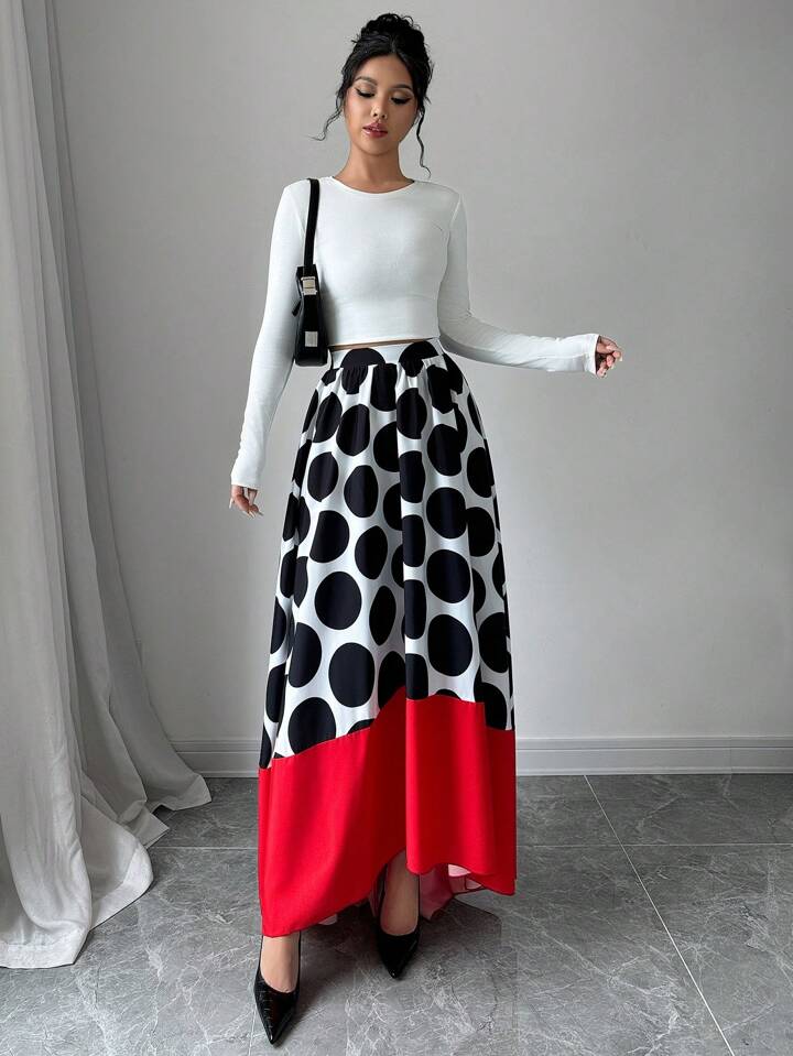 CM-BS444364 Women Casual Seoul Style Large Polka Dot Solid Color Patchwork A-Line Maxi Skirt