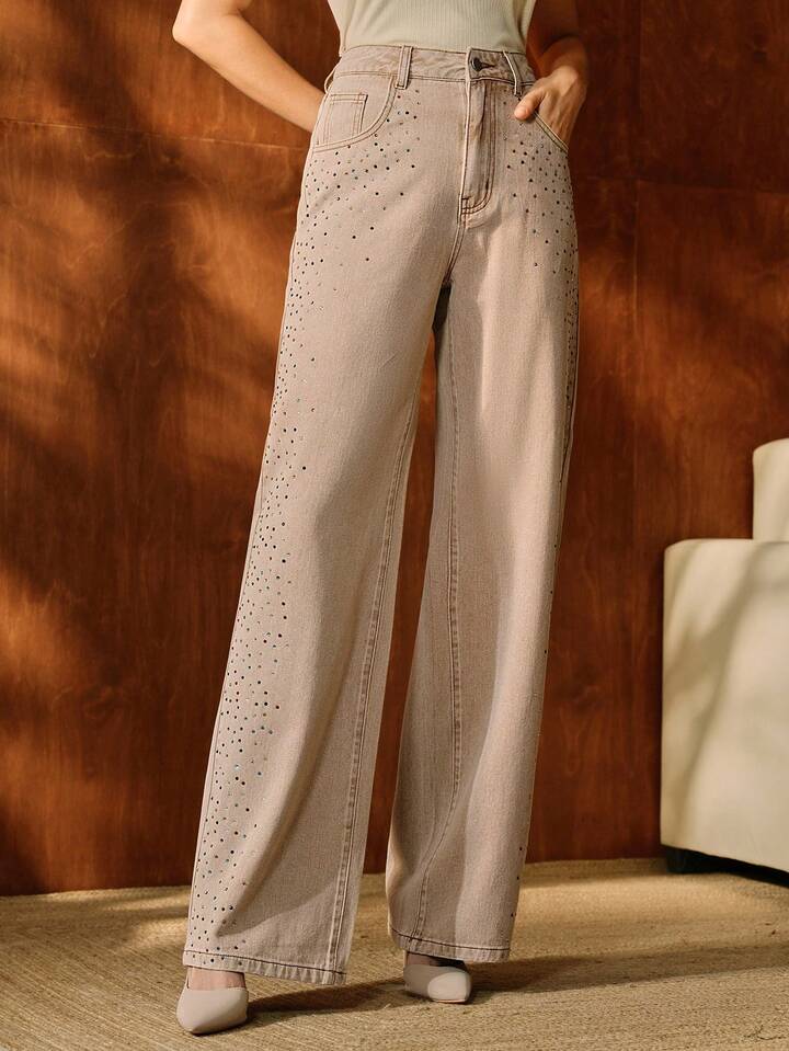 CM-BS742256 Women Casual Seoul Style Mid Waist Rhinestone Embellished Straight Leg Pants - Apricot
