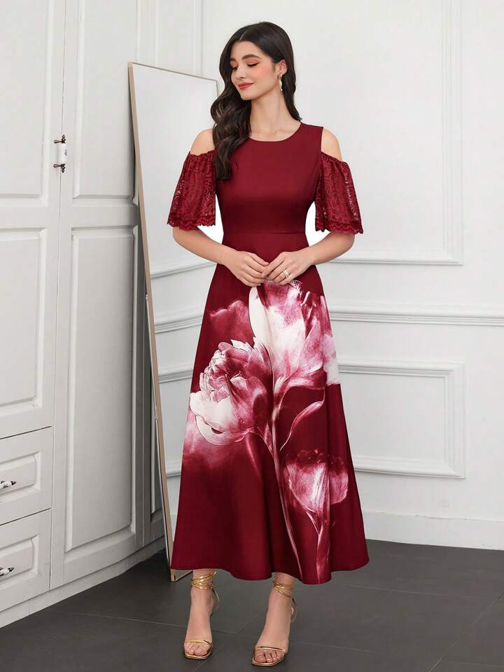 CM-DS943716 Women Elegant Seoul Style Asymmetrical Neck Floral Printed Off-Shoulder A-Line Dress