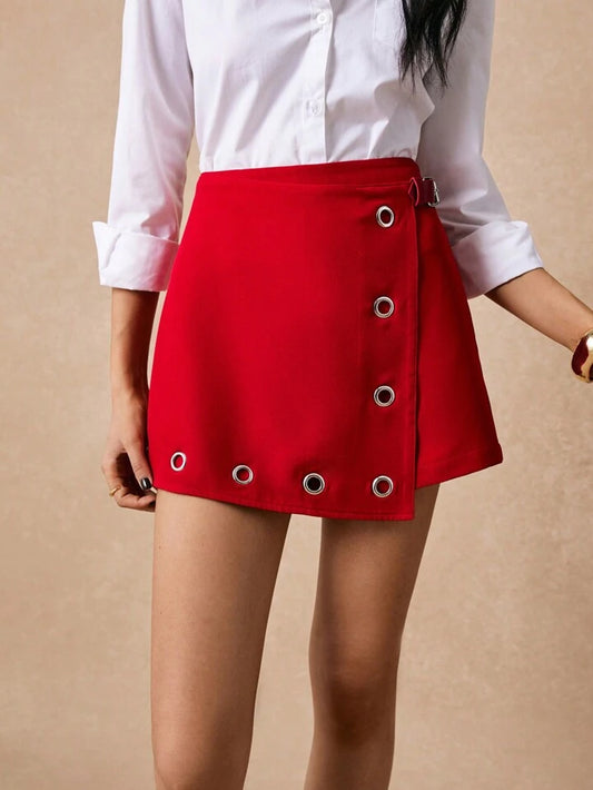 CM-BS084711 Women Casual Seoul Style High Waist Metal Ring Zipper Straight Skort - Red