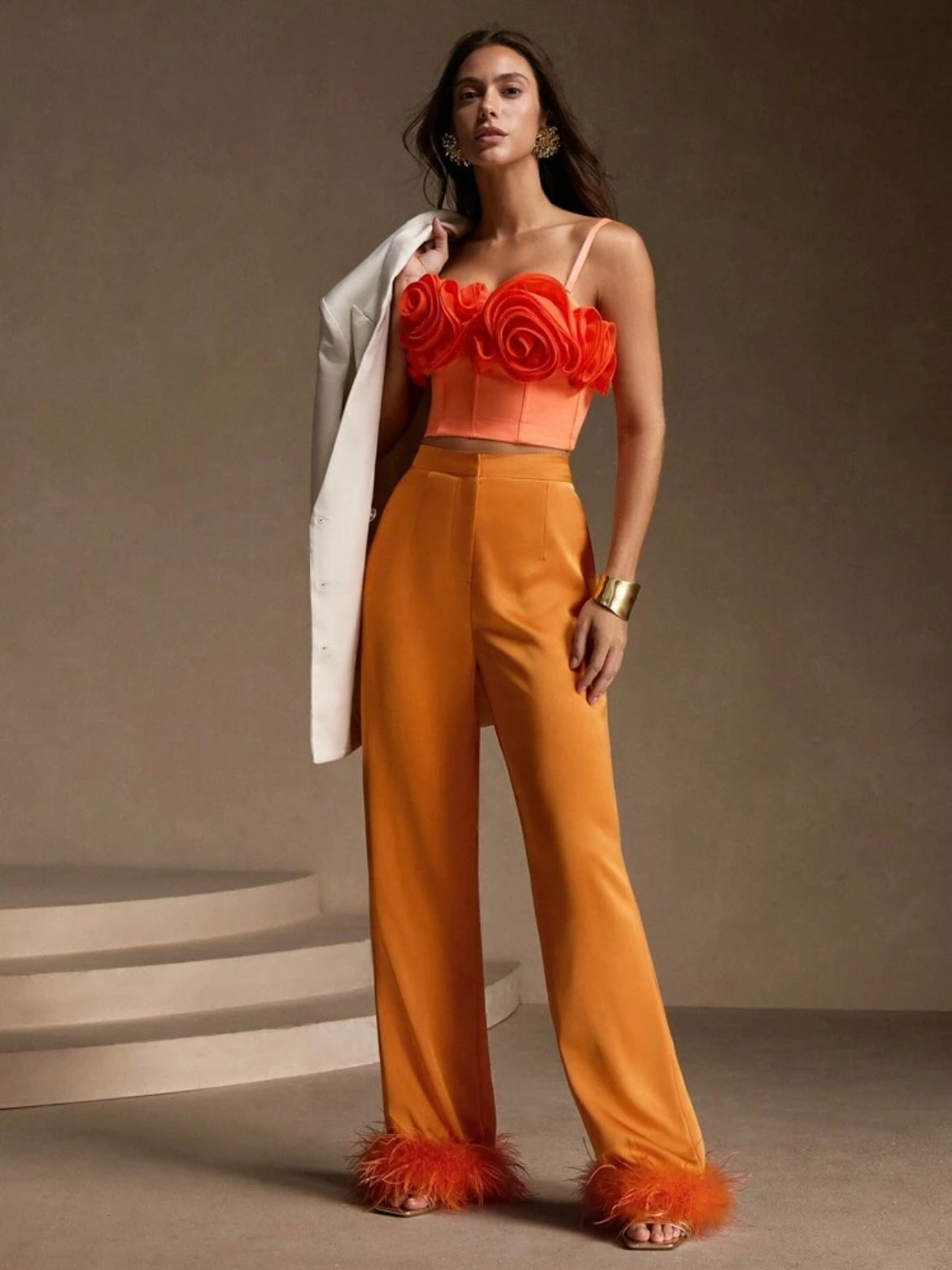 CM-BS786377 Women Elegant Seoul Style Contrast Feather Satin Wide-Leg Pants - Orange