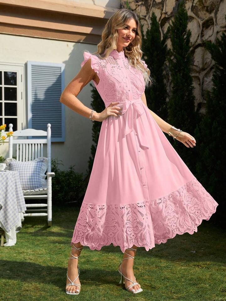 CM-DS652165 Women Elegant Seoul Style Stand Collar Flying Sleeve Dress - Baby Pink