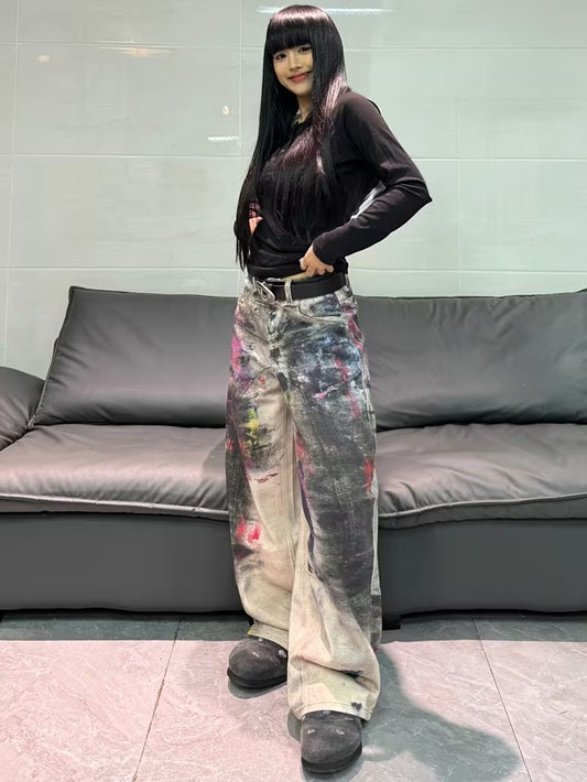 CM-BT477920 Women Casual Seoul Style Mid Waist 3D Printed Graffiti Loose-Fit Wide Leg Jeans