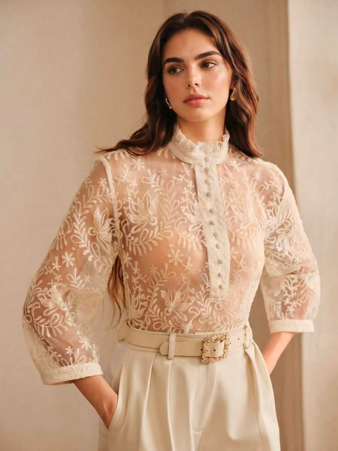 CM-TS392643 Women Elegant Seoul Style Hollow Stand Collar 3/4 Sleeve Embroidered Top - Apricot