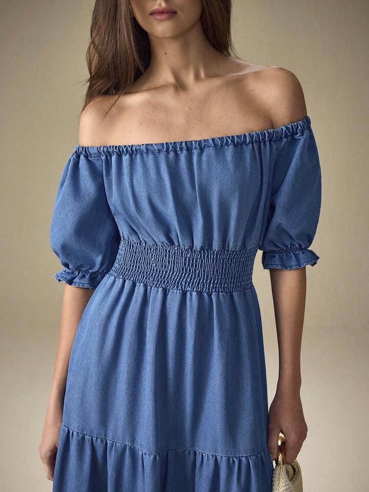 CM-DS553658 Women Trendy Bohemian Style Off-Shoulder Short Puff Sleeve Waist Gathered Long Denim Dress - Blue