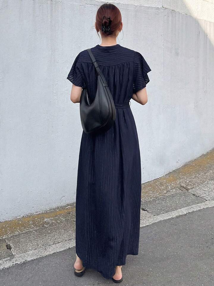 CM-DS034136 Women Elegant Seoul Style Notched Neckline Flounce Sleeve High Waist A-Line Dress - Navy Blue