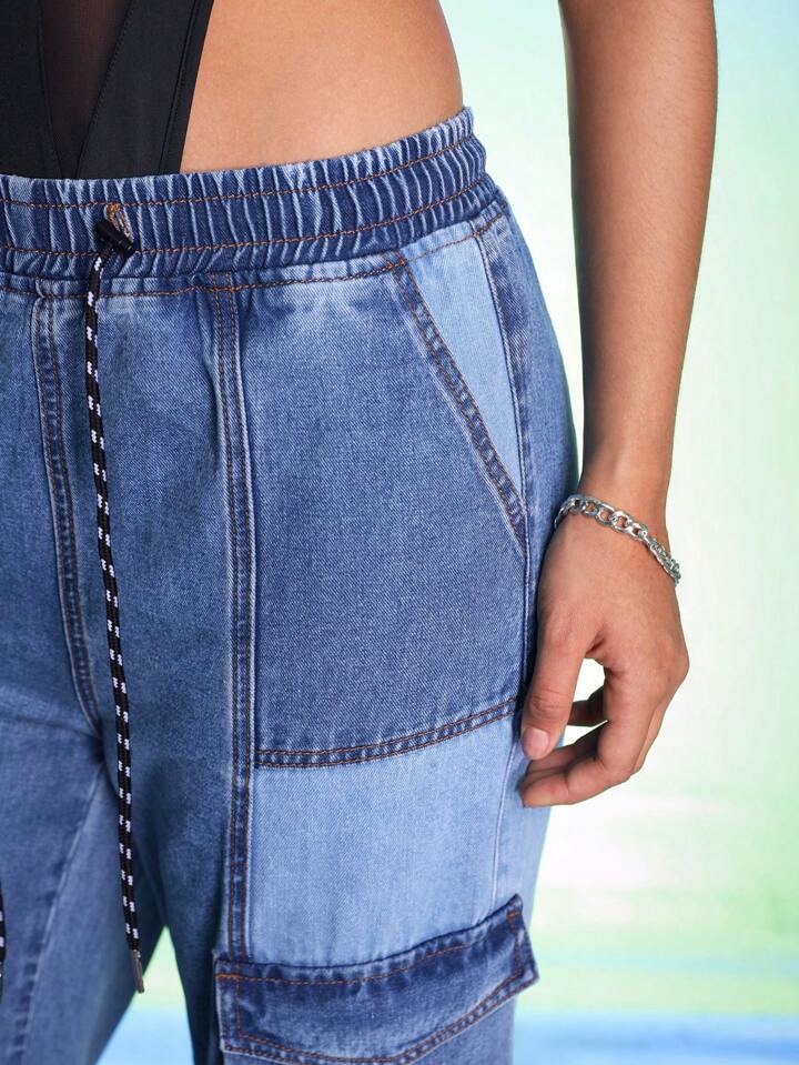 CM-BS242252 Women Casual Seoul Style Medium Wash Two-Tones Drawstring Waist Jeans