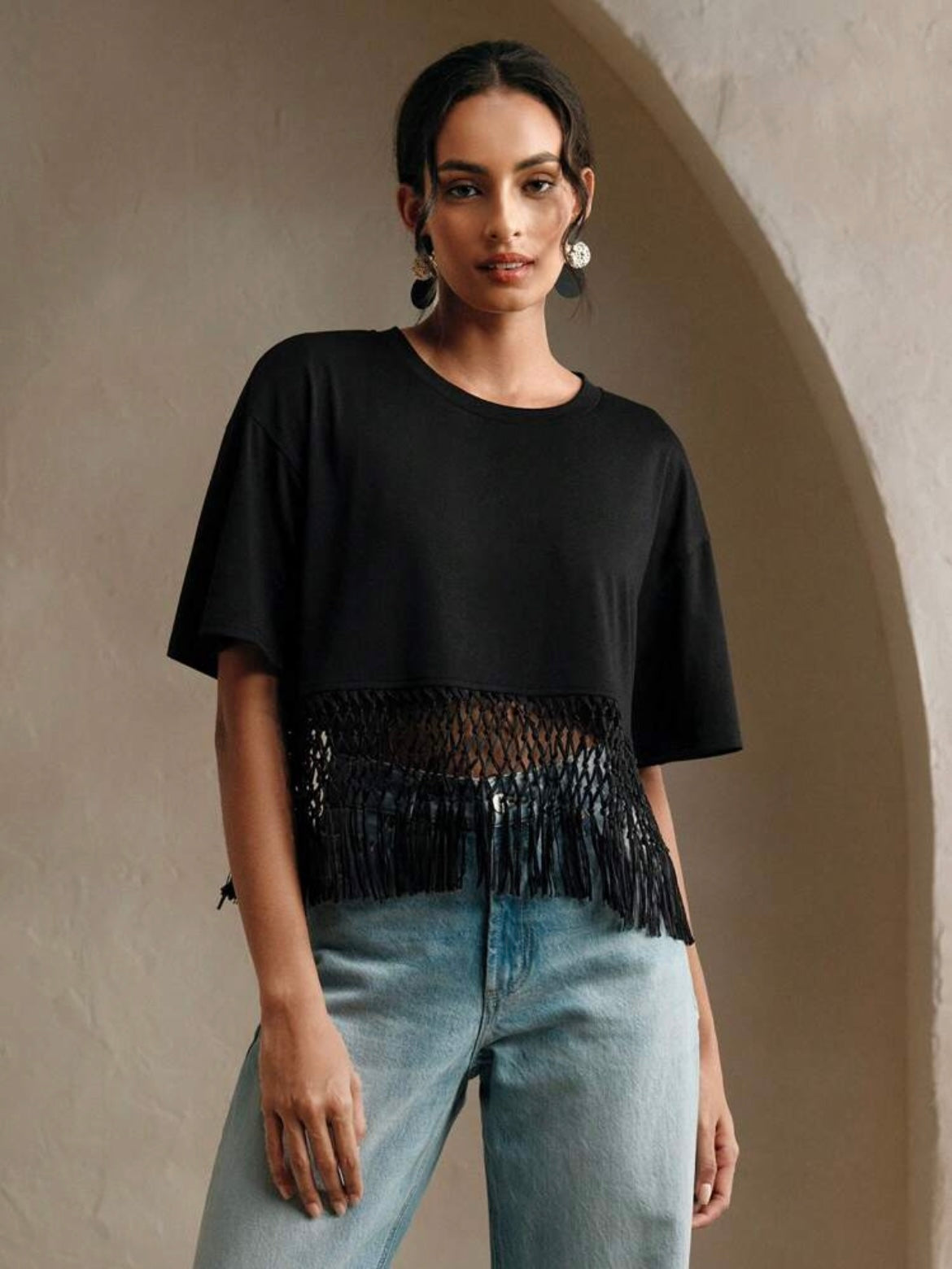 CM-TS048023 Women Trendy Bohemian Style Round Neck Short Sleeve Braided Tassel Patchwork T-Shirt
