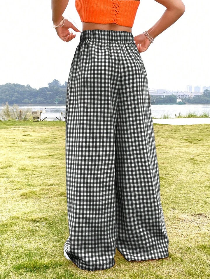 CM-BS557184 Women Casual Seoul Style Gingham Print High Waist Wide-Leg Long Pants - Black