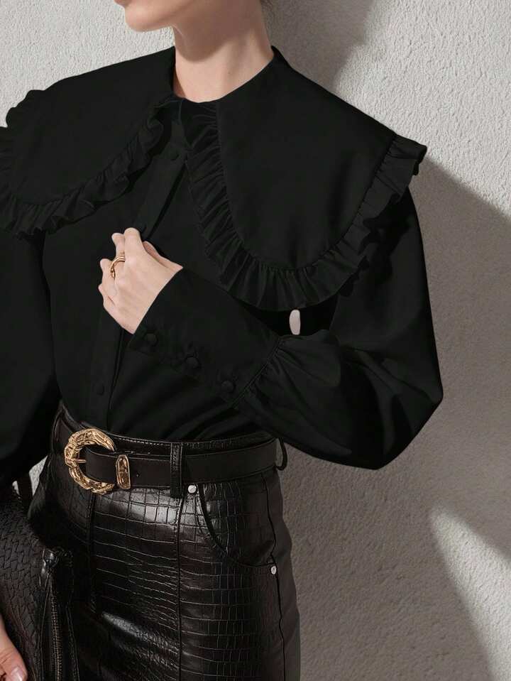 CM-TS789662 Women Elegant Seoul Style Solid Color Peter Pan Collar Bishop Sleeve Ruffle Detail Long Sleeve Blouse