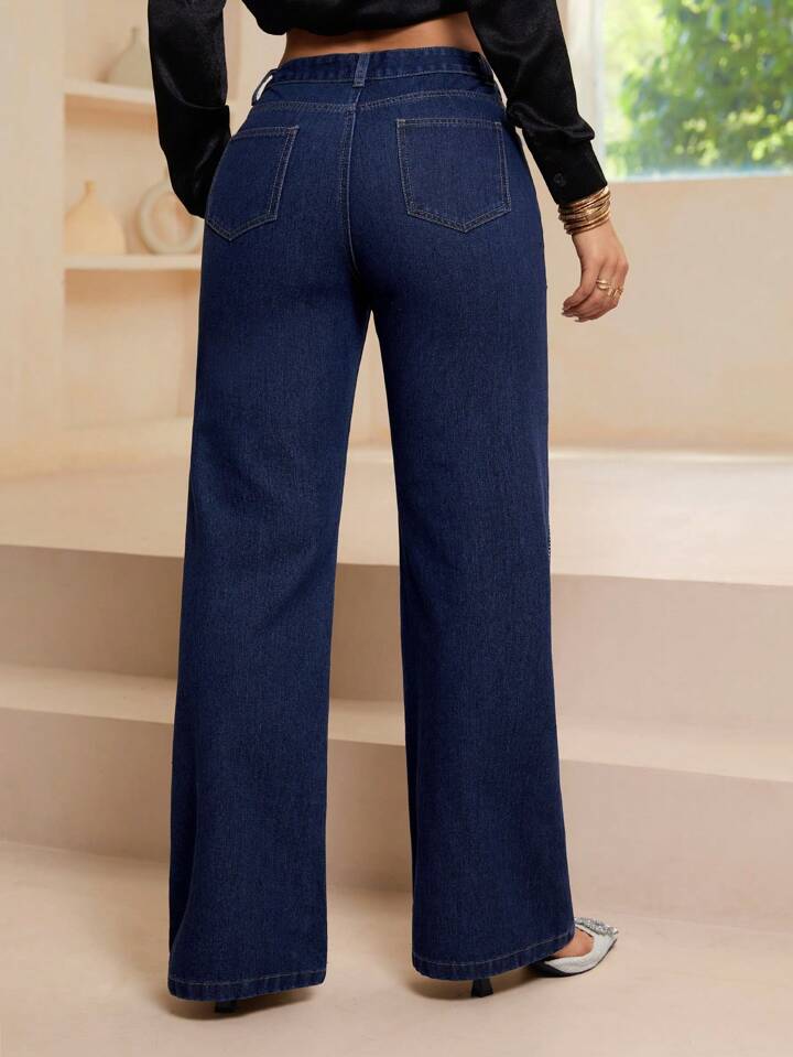 CM-BS041331 Women Casual Seoul Style Dark Wash Rhinestone Embellished Straight-Leg Jeans