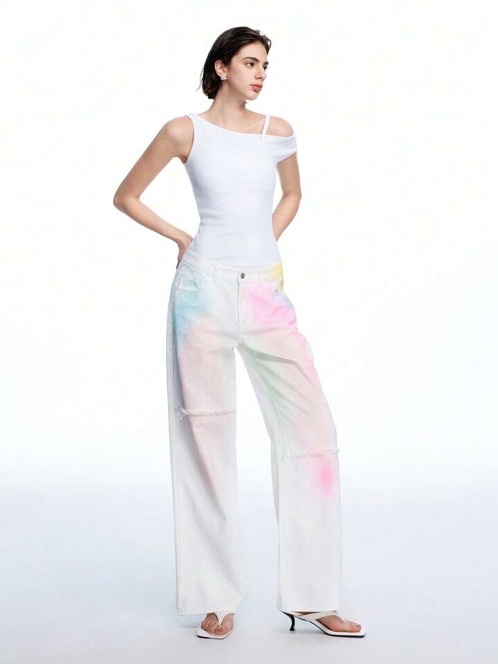 CM-BS080666 Women Casual Seoul Style Colorful Low Waist Extra Long Straight Leg Denim Jeans - White