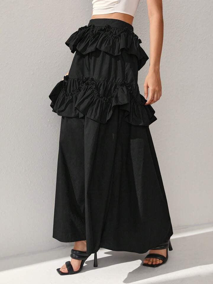 CM-BS230111 Women Casual Seoul Style High Waist Patchwork Ruffle Hem Skirt - Black