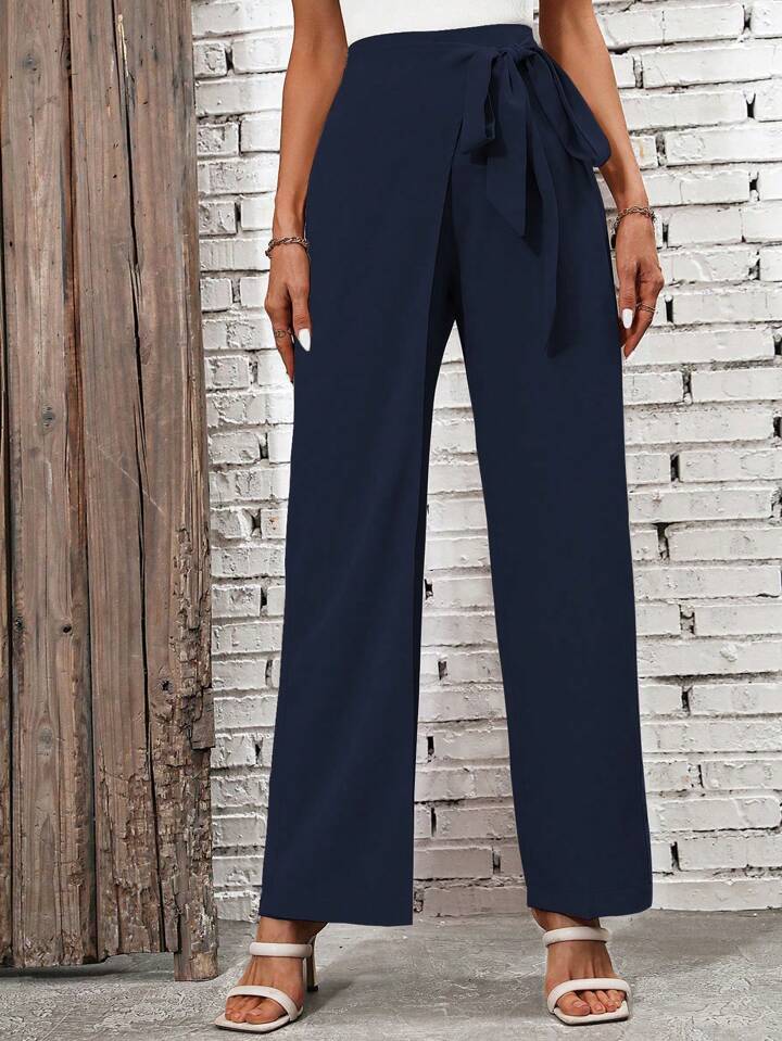 CM-BS571516 Women Casual Seoul Style High Waist Knot Side Pants - Navy Blue