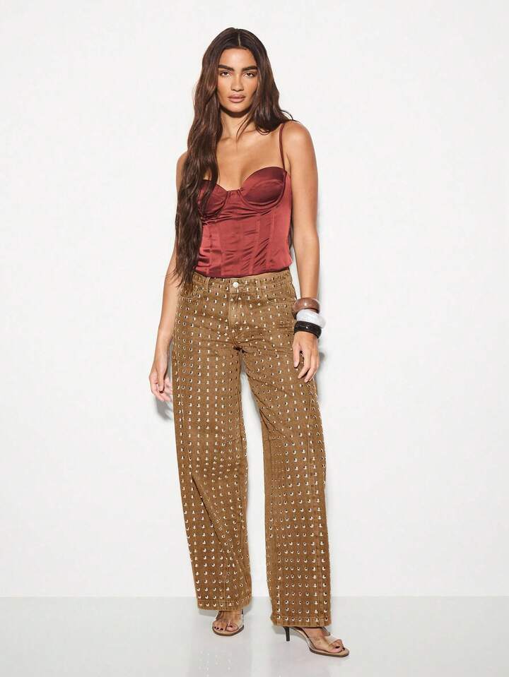 CM-BS911336 Women Casual Seoul Style High Waisted Metal Studs Wide Leg Palazzo Jeans - Brown
