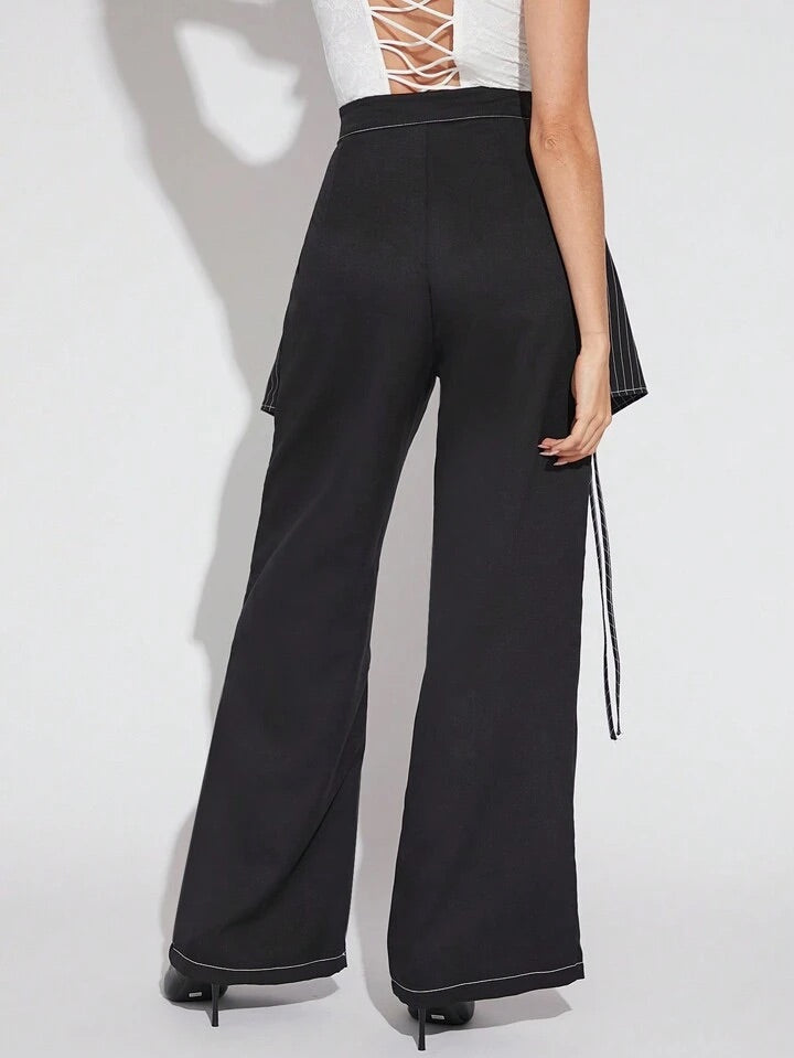 CM-BS520244 Women Casual Seoul Style Pinstripe Overlay Wide Leg Pants - Black