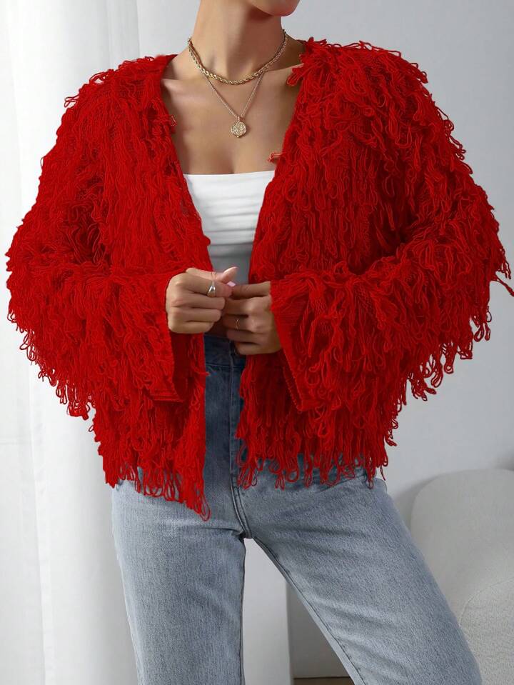 CM-CS196292 Women Casual Seoul Style Long Sleeve Shaggy Knit Duster Cardigan - Red