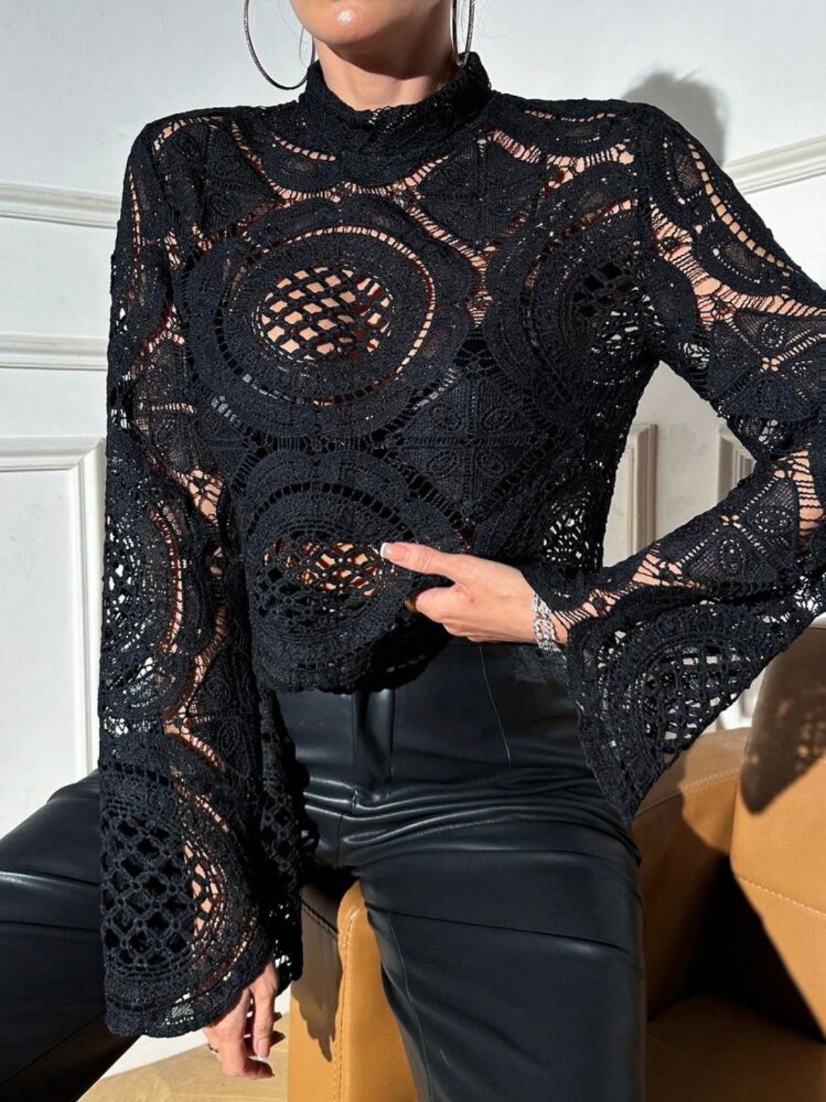 CM-TS217287 Women Casual Seoul Style Stand Collar Lace Hollow-Out See-Through Blouse - Black