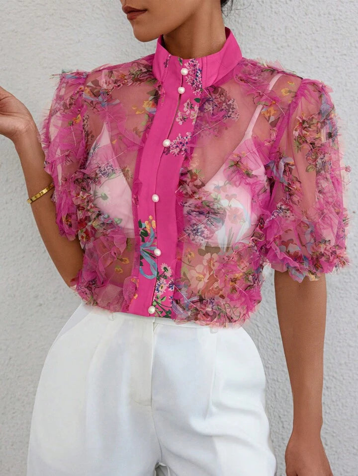 CM-TS700087 Women Trendy Bohemian Style Floral Printed See-Through Short Sleeve Shirt - Hot Pink