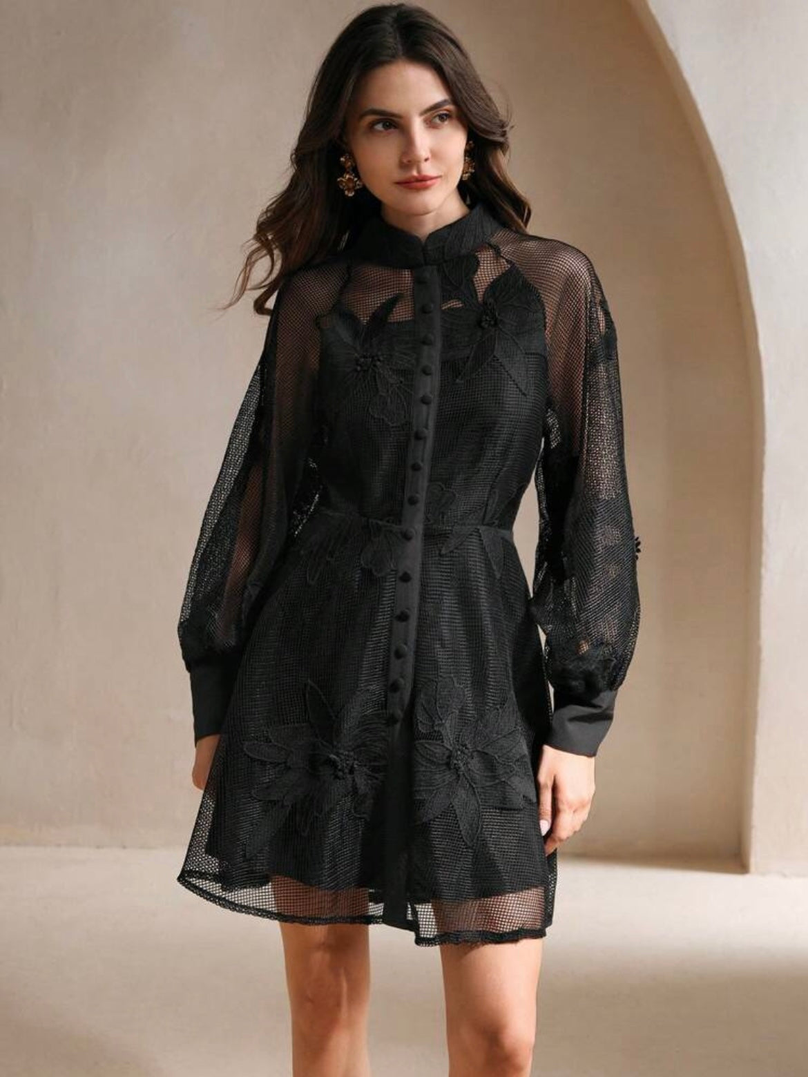 CM-DS524415 Women Elegant Seoul Style Collar Neckline Lace Cinched Waist Lantern Sleeve Dress - Black