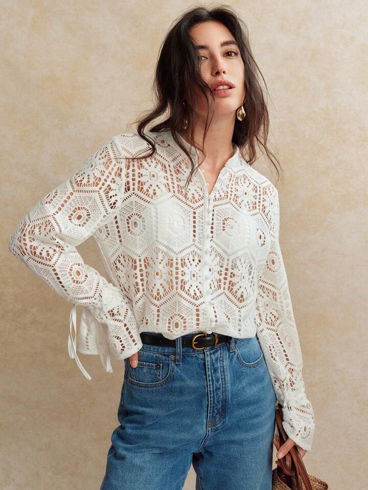 CM-TS656857 Women Trendy Bohemian Style V-Neck Hollow Lace Ruffle Trim Long Sleeve Blouse - White