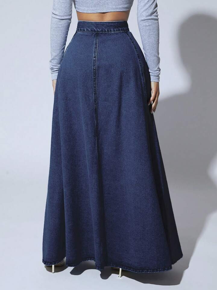 CM-BS705182 Women Casual Seoul Style Dark Wash High Waist Button Front Extra Long Denim Skirt