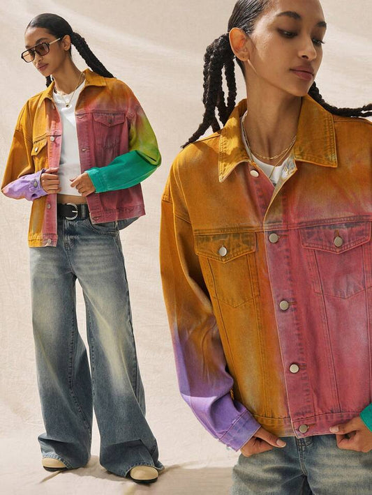 CM-CS357585 Women Elegant Seoul Style Colorblock Long Sleeve Single Breasted Denim Jacket