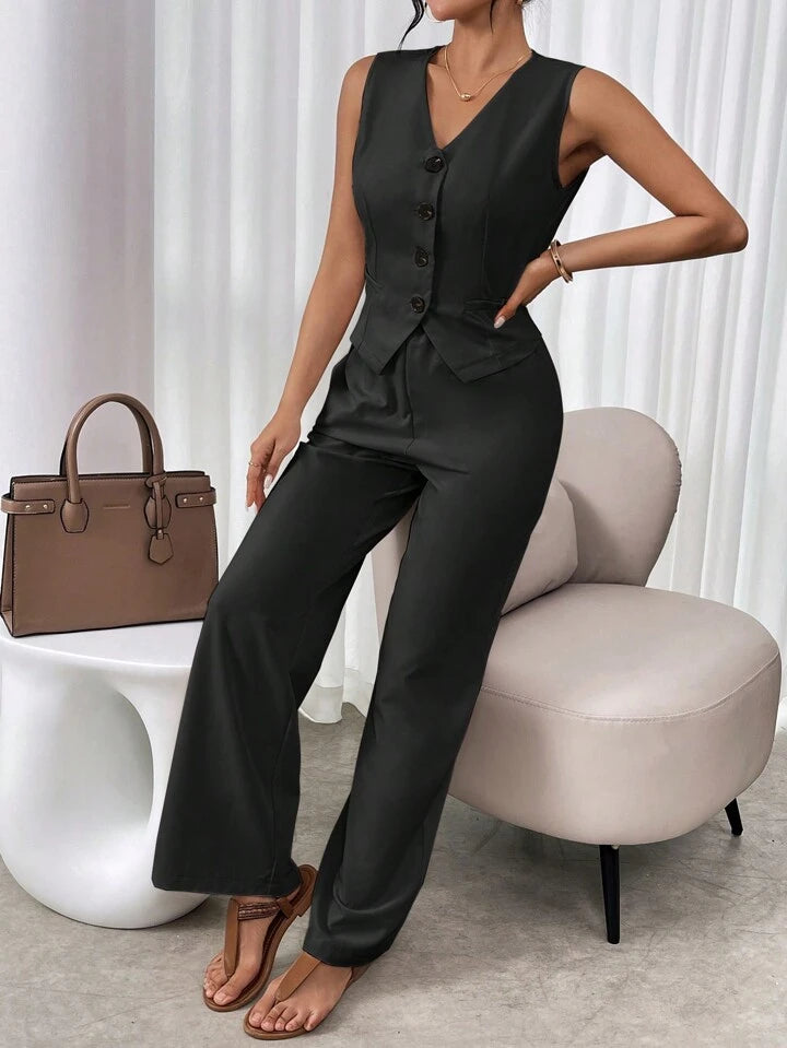 CM-SS997139 Women Casual Seoul Style V-Neck Sleeveless Single Breasted Suit Vest With Long Pants - Black