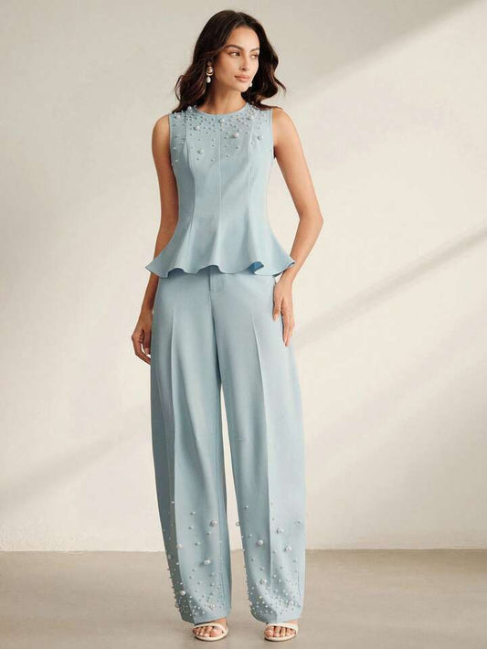 CM-SS517859 Women Elegant Seoul Style Round Neck Sleeveless Beaded Ruffle Hem Blouse With Tapered Trousers - Set