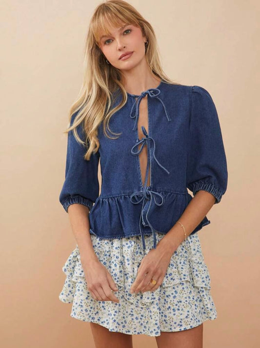 CM-TS940816 Women Casual Seoul Style Elastic Sleeves And Peplum Waist Denim Tie-Front Tops