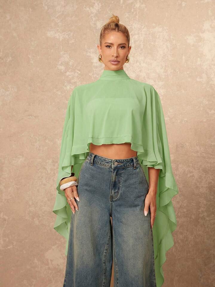 CM-TS255288 Women Casual Seoul Style Asymmetric Ruffle Hem Loose Collar Shawl Blouse - Green